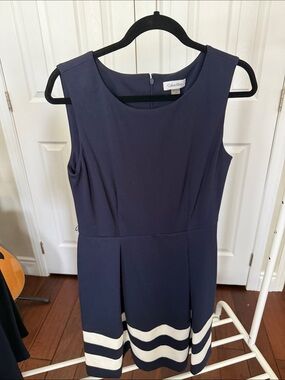 Calvin Klein Navy Dress with White Hem Stripes